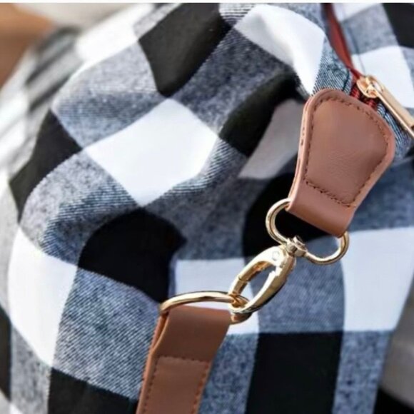 Buffalo Plaid & Leopard Print Weekender Travel Bag W/Brown Faux Leather Accent - Picture 3 of 6